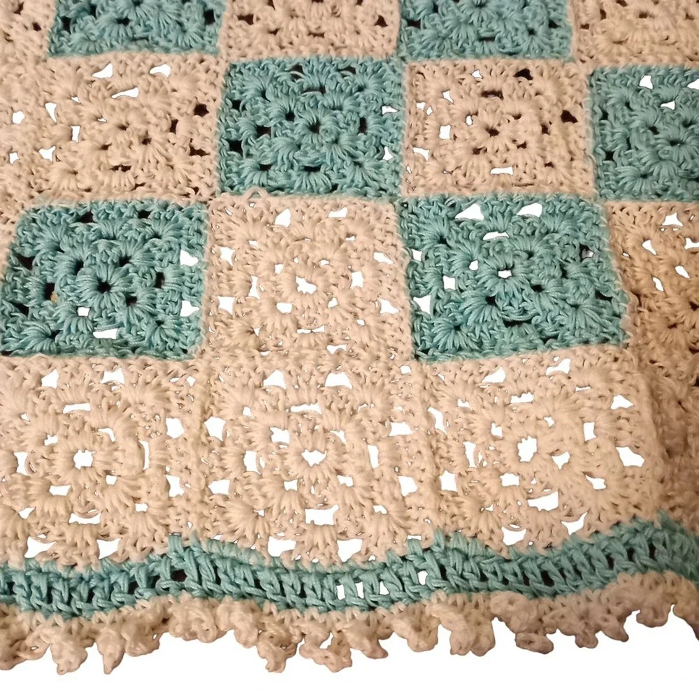 Granny Square Crocheted Baby Nursery Lap Blanket Blue White Yellow 34